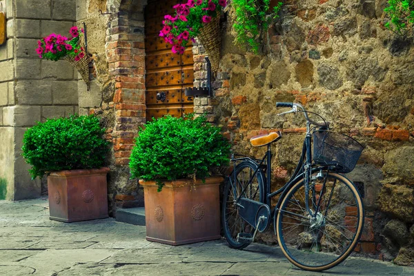 Bicicleta Retro Anticuada Estacionada Calle Entrada Puerta Madera Decorada Con —  Fotos de Stock