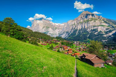 Arka planda yüksek karlı dağları, dağları, dağları, Grindelwald 'ı, Bernese Oberland' ı, İsviçre 'yi ve Avrupa' yı barındıran fantastik yaz tatil köyü.