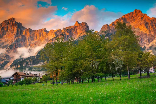 Popular Mountain Resort Dolomites Colorful Spring Flowers High Misty Mountains — Stock Photo, Image