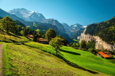 Yeşil çayırları ve karlı dağları olan takdire şayan yaz dağları. Wengen turistik beldesi ve derin vadideki Lauterbrunnen köyü, Bernese Oberland, İsviçre, Avrupa