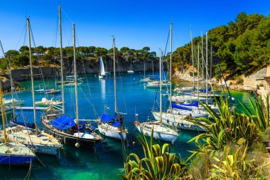 Calanques de Port Miou körfezinde limanı olan güzel bir yer, Cassis, Provence, Fransa, Avrupa yakınlarındaki Clanques Ulusal Parkı