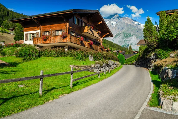 Przytulny Widok Ulicę Drewnianych Domków Kwiatowych Ogrodów Ozdobnych Grindelwald Górskim — Zdjęcie stockowe