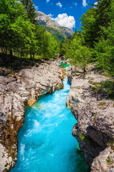 在斯洛文尼亚著名的漂流和皮划艇场所 风景如画的娱乐和皮划艇目的地 Soca河和狭窄的峡谷 斯洛文尼亚 Bovec — 图库照片