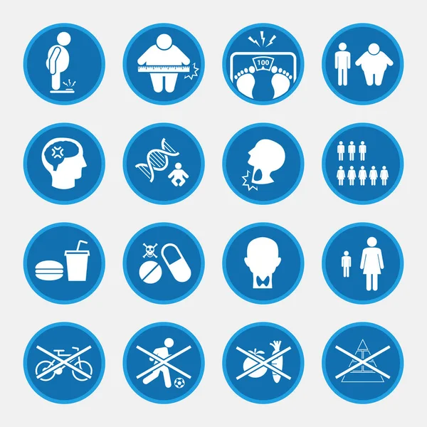 Icona insieme di malattie legate all'obesità, pulsanti cerchio blu — Vettoriale Stock