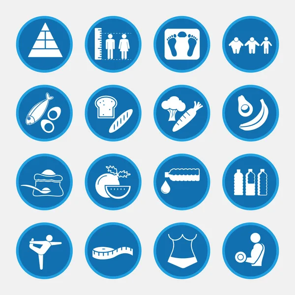 Icona serie di malattie legate all'obesità e prevenzione, pulsanti cerchio blu — Vettoriale Stock