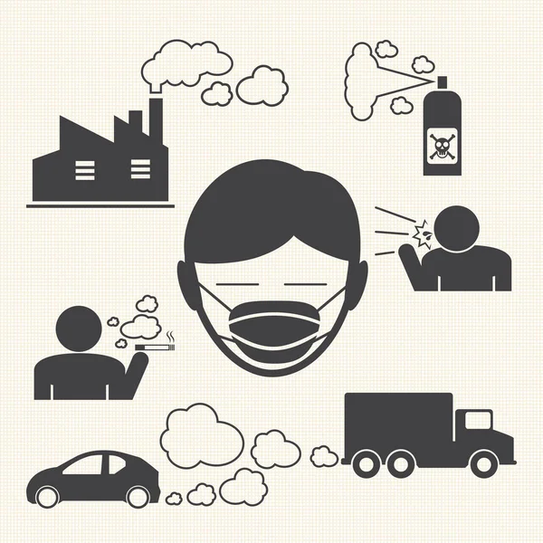 Indossare maschera bocca contro l'inquinamento atmosferico. icone vettoriali per infografica — Vettoriale Stock