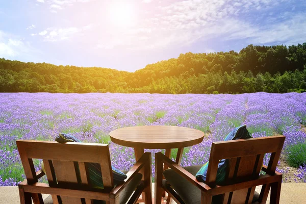 Tisch und Stühle im Freien auf Lavendelfeld Hintergrund mit Sonnenlicht — Stockfoto