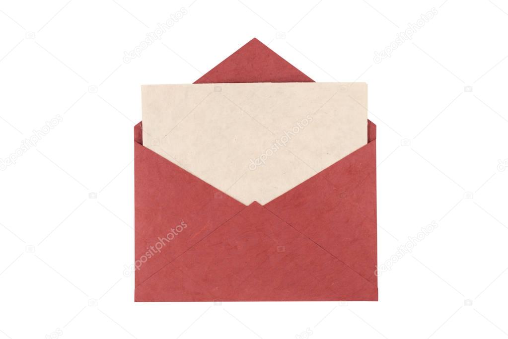 Red envelope made from natural fiber paper isolated on white bac