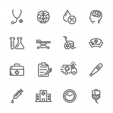 Tıbbi Icons set, hastane ve acil servis. Vektör hat simgeler