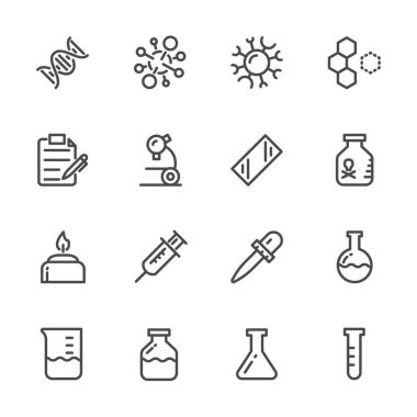 Laboratuvar ekipmanları Icons set. Vektör hat simgeler