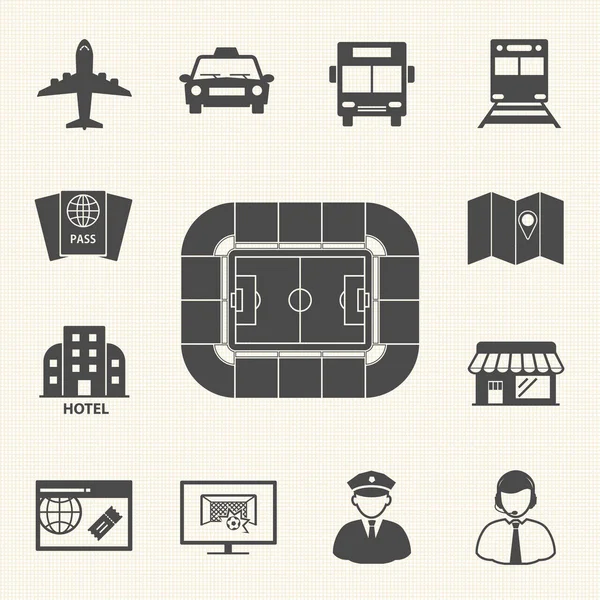 Fotbalové ikony symbolů, přístup k fotbalovému stadionu. Vektorové ikony se — Stockový vektor