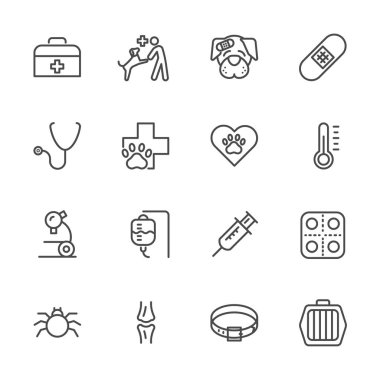 Veteriner Kliniği, basit ince çizgi hayvan hastalıklarıyla ilgili ilaç Icons set. Vect
