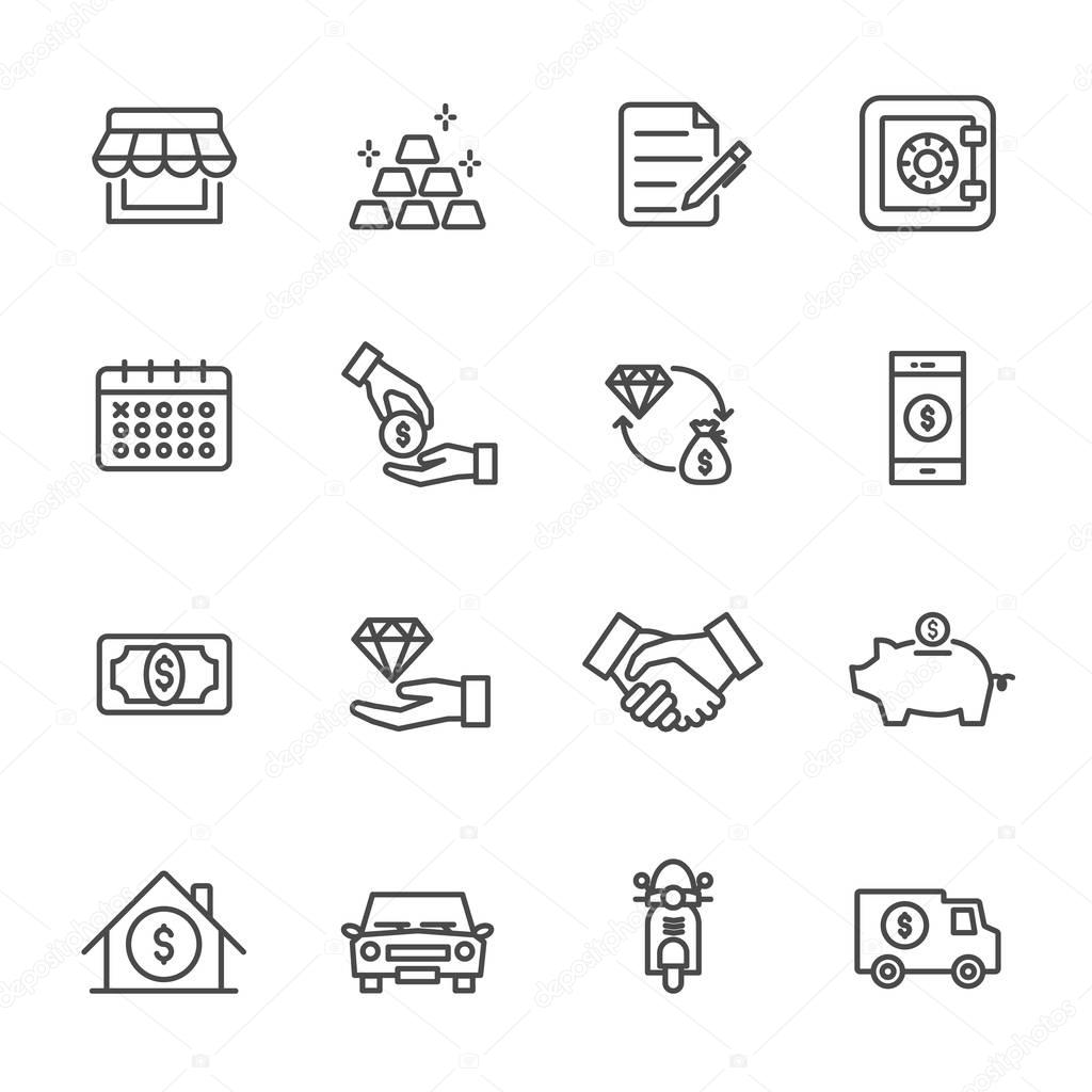 Pawnbroker, pawn shop icons set, Vector illustration of thin lin