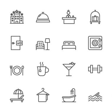 Otel Servisi, basit ince çizgi otel Icons set, vektör simge des