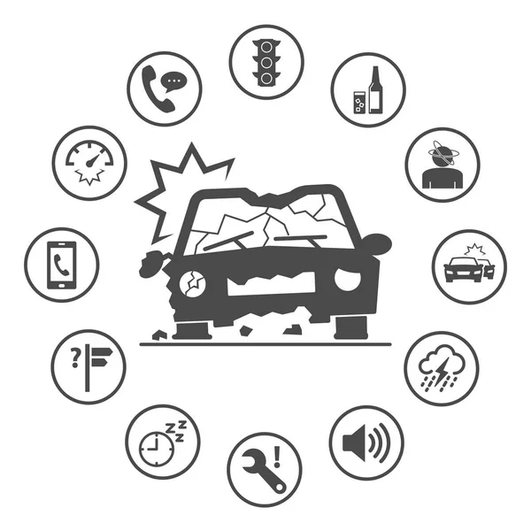 Causas de accidentes automovilísticos. Conjunto de iconos de seguro redondeado simple. Vec — Archivo Imágenes Vectoriales