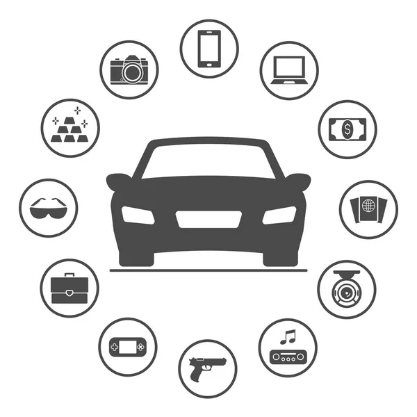 Cose rubate comunemente dalle auto. Icone assicurative arrotondate semplici — Vettoriale Stock