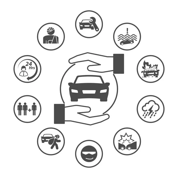 Seguro de coche, conjunto de iconos de seguro redondeado simple. Icono del vector d — Vector de stock