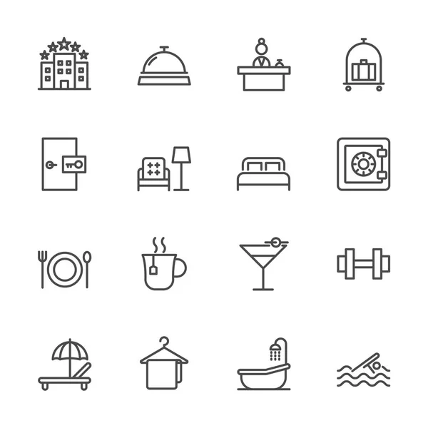 Servicio de hotel, Conjunto de iconos de hotel de línea delgada simple, Vector icon des — Vector de stock