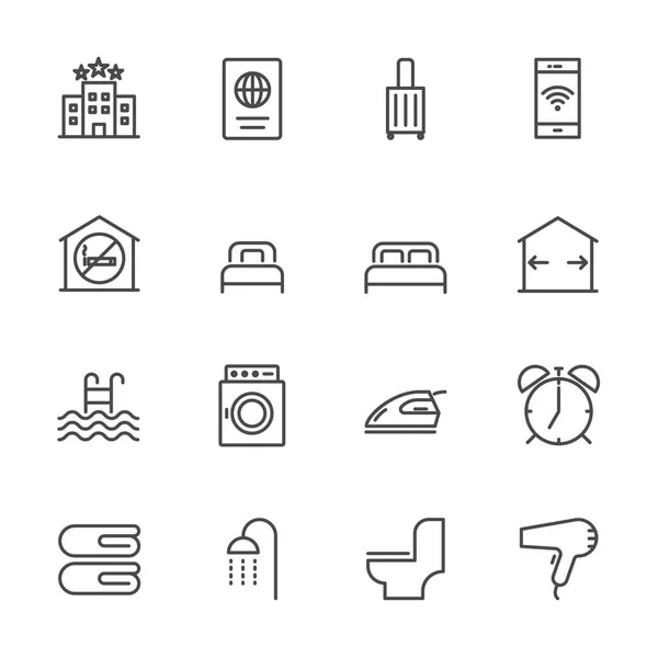 Servicio de hotel, Conjunto de iconos de hotel de línea delgada simple, Vector icon des — Vector de stock