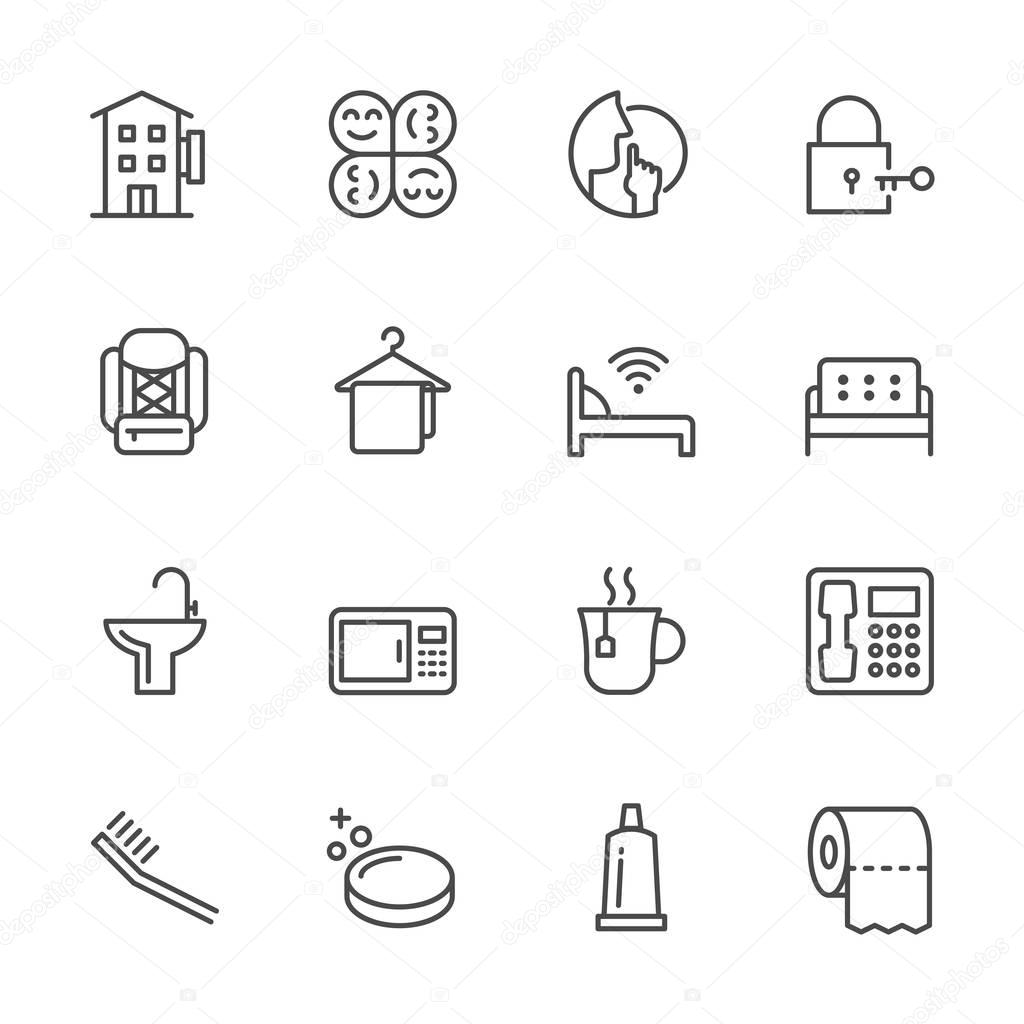 Hostel & Hotel icon set. Traveler and Backpacker. Vector line ic