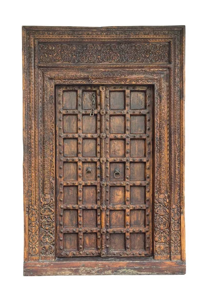 Porta Madeira Tradicional Esculpida Velha Porta Antiga Isolada Fundo Branco — Fotografia de Stock