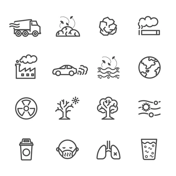 Conjunto de iconos de contaminación, ilustración vectorial de iconos de línea delgada para P — Archivo Imágenes Vectoriales