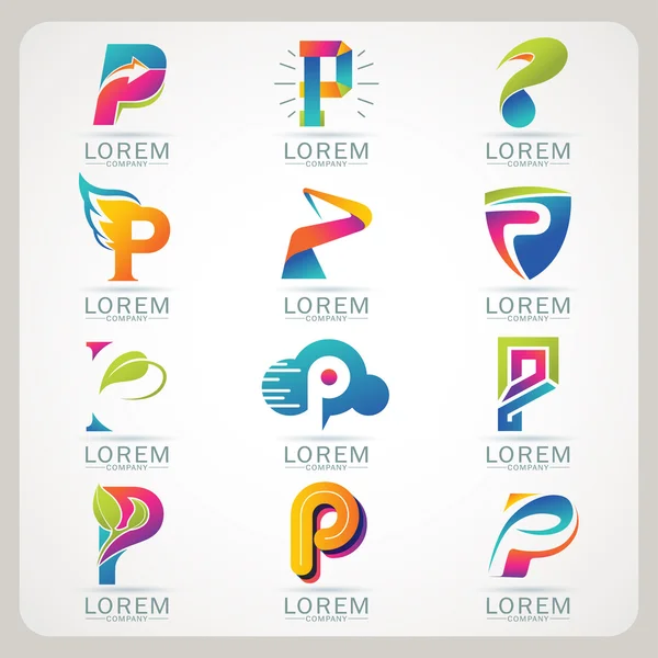 Logo lettre p élément et abstrait web icône et globe vecteur symbole — Image vectorielle