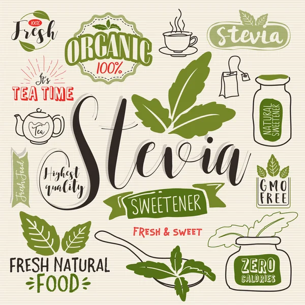 Stevia dan label makanan organik Ditata - Stok Vektor