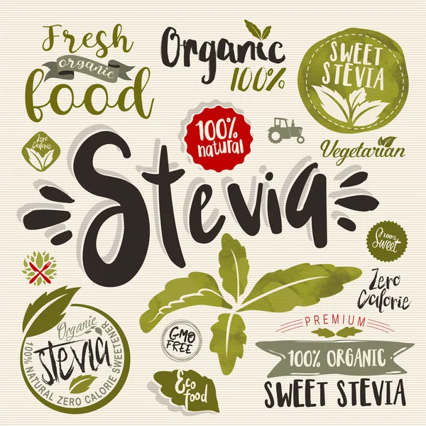 Set de etiquetas de alimentos ecológicos y de stevia — Archivo Imágenes Vectoriales