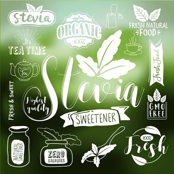 Stevia dan label makanan organik Ditata - Stok Vektor
