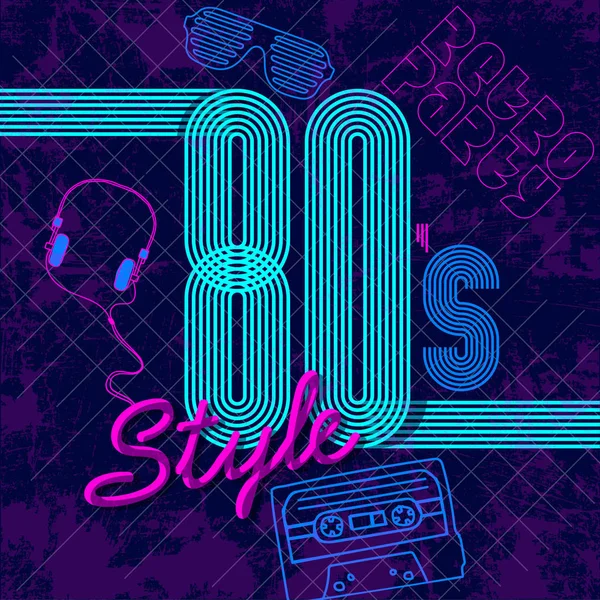 De vuelta a los 80. Estilo retro de los años 80 diseño disco de neón. Fiesta de los 80, moda de los 80 — Vector de stock