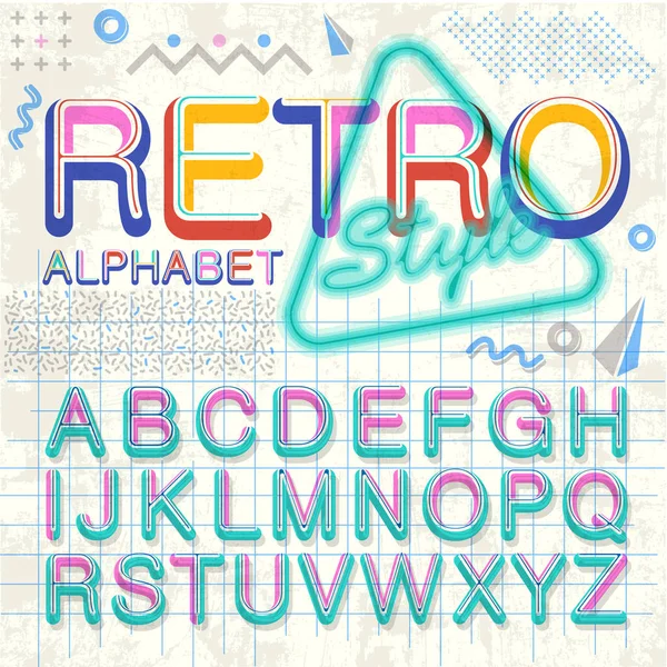 Retro abecedy písmo. Vintage abecedy vektorové 80, 90 let starý styl grafický plakát set — Stockový vektor