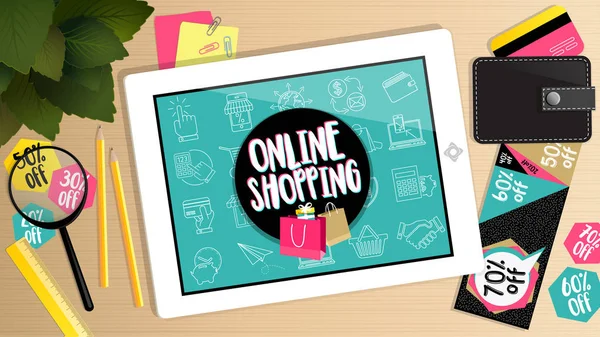 Online-Shopping jetzt Konzept-Desktop mit Shopping-Symbolen kaufen — Stockvektor