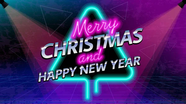Merry Christmas and New Year social media neon light banner. Retro style 80's disco post card — Stock Vector