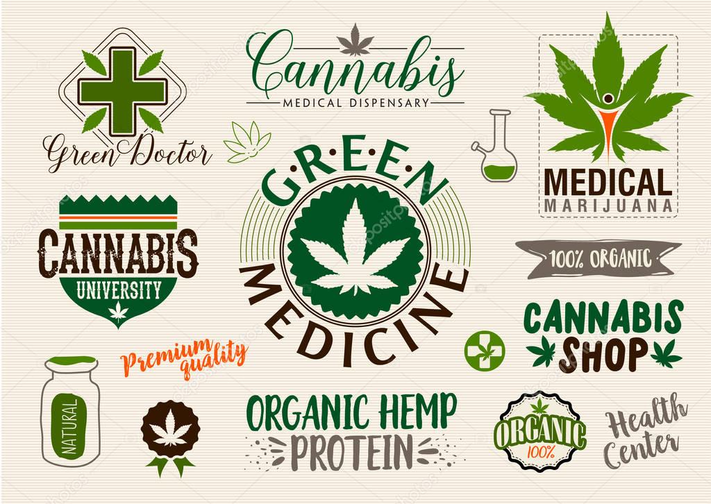 Medical marijuana product label and logo graphic template. Cannabis organic hemp. Green farm. Easy editable for Your design