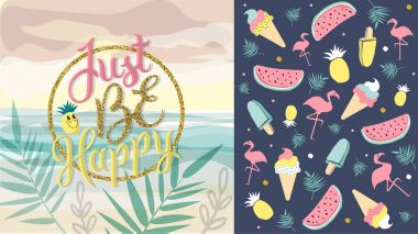 Just be happy. Spring Summer color poster and banner in trendy 80s-90s Memphis style. clipart