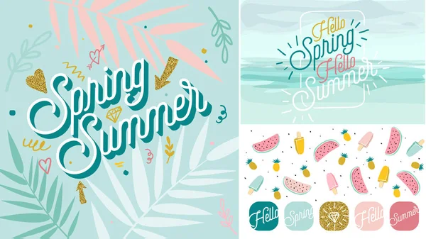 Spring Summer color poster and banner in trendy 80s-90s Memphis style. — Stock Vector