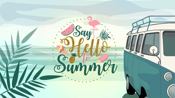 Say Hello to Summer color poster and banner in trendy 80s-90s Memphis style. — Stock Vector