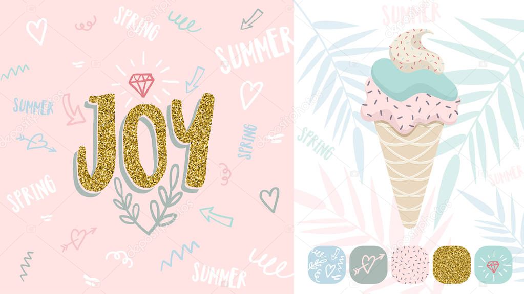 Spring Summer color poster and banner in trendy 80s-90s Memphis style. Copper metal and gold vector texture, lettering and colorful design for web. Easy editable for Your design.