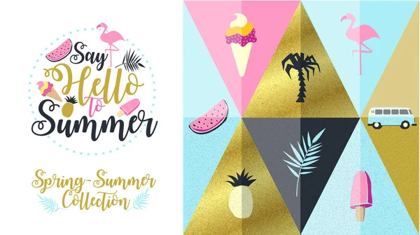 Say Hello to Summer color poster and banner in trendy 80s-90s Memphis style. — Stock Vector