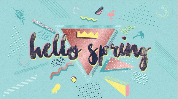 Hello Spring color poster and banner in trendy 80s-90s Memphis style. — Stock Vector