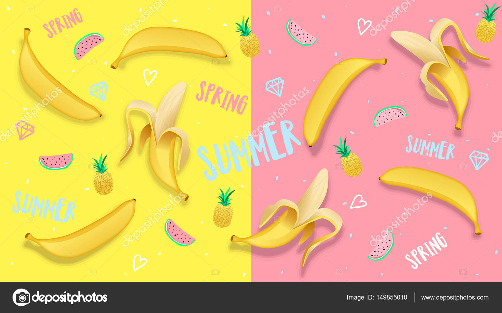 Spring Summer banner, poster in 80s-90s style with banana . Stock Vector Image by #149855010