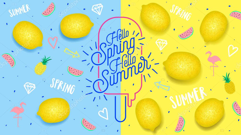 Spring Summer poster, banner in trendy 80s-90s Memphis style. Lemon vector illustration, lettering and colorful design for poster, card, invitation. Easy editable for Your design.