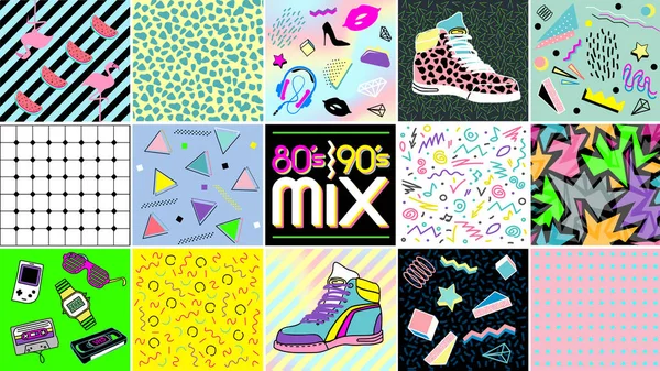 80 's-90' s Mix. Fundo sem costura abstrato e elementos no estilo dos anos oitenta e noventa — Vetor de Stock