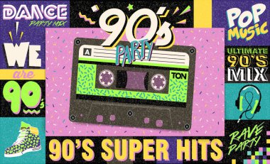 90 's müzik karışımı. Trendy. Retro tarzı tasarım kulübü. 90 's parti, 90'lı yılların moda, 90'lı yılların arka plan