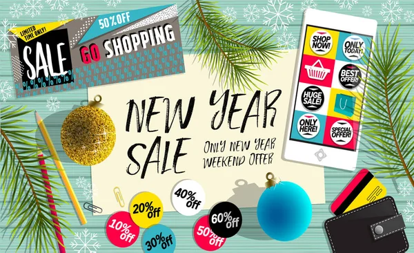 Nieuwjaar verkoop stickers en mobiele banners coupon ingesteld. Kleurrijke vectorillustratie. — Stockvector