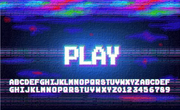 Vektör oyun alfabe harfler yazı tipi ifade piksel sanat tarzı ile perde aksaklık Vhs 80's etkisi olarak.