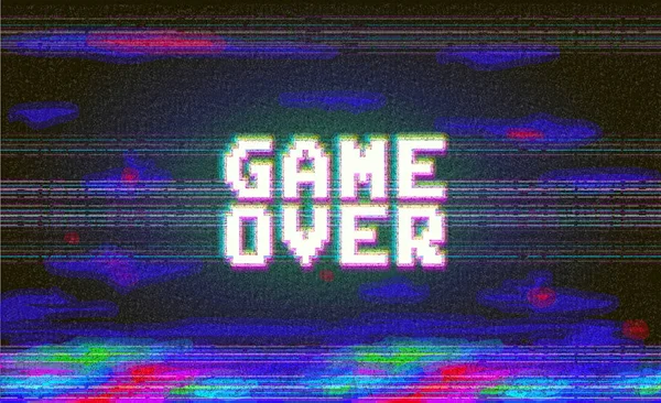 Vector game over phrase in pixel art style with screen glitch VHS 80's effect. — Stock Vector