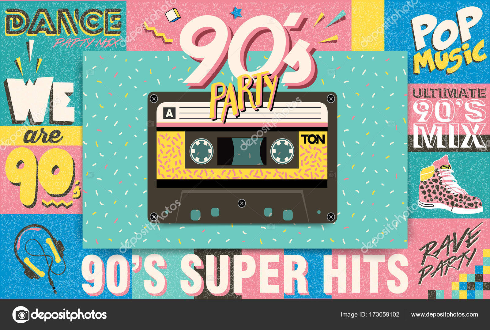 Skibform vagt Har lært 90's music mix. Trendy. Retro style design club. 90's party, 90s fashion,  90s background Stock Vector by ©brainpencil1 173059102