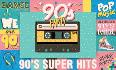90 's müzik karışımı. Trendy. Retro tarzı tasarım kulübü. 90 's parti, 90'lı yılların moda, 90'lı yılların arka plan